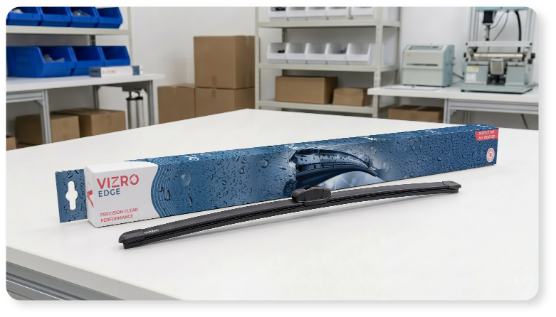 Vizro wiper blade product packaging in a workshop