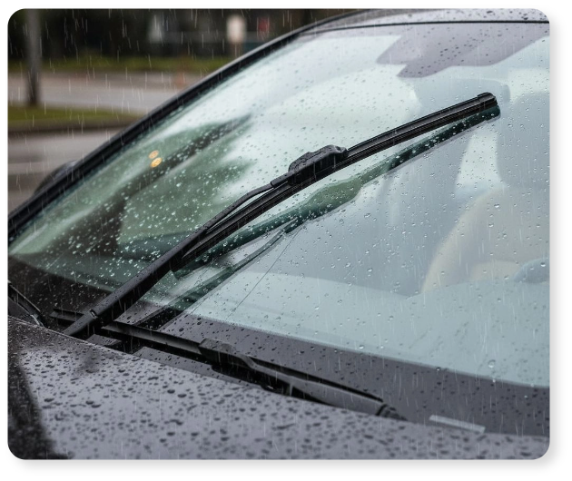Vizro wiper blade on a rain-covered windshield
